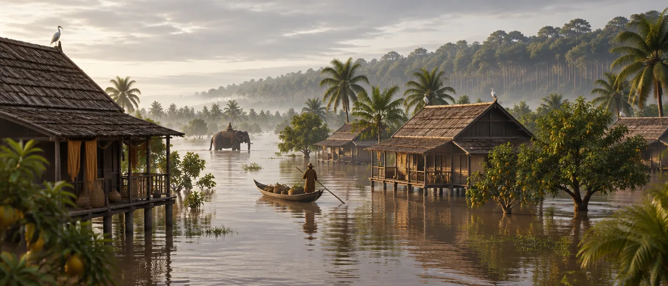 Desa rumah panggung jati terendam air banjir sampai balok lantai; seekor gajah perang menyeberang jauh di belakang, perahu kecil di antara rumah.