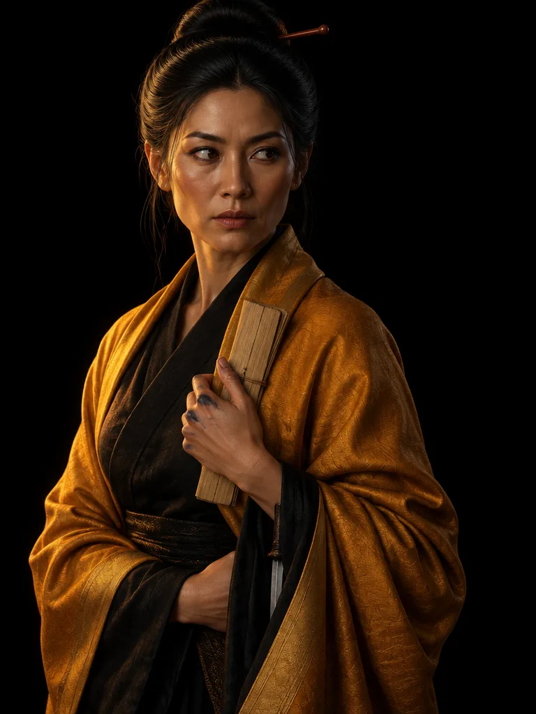 Lady Chanthra berselendang sutra saffron memegang surat daun lontar terlipat di dada, menoleh ke samping dalam cahaya lampu.