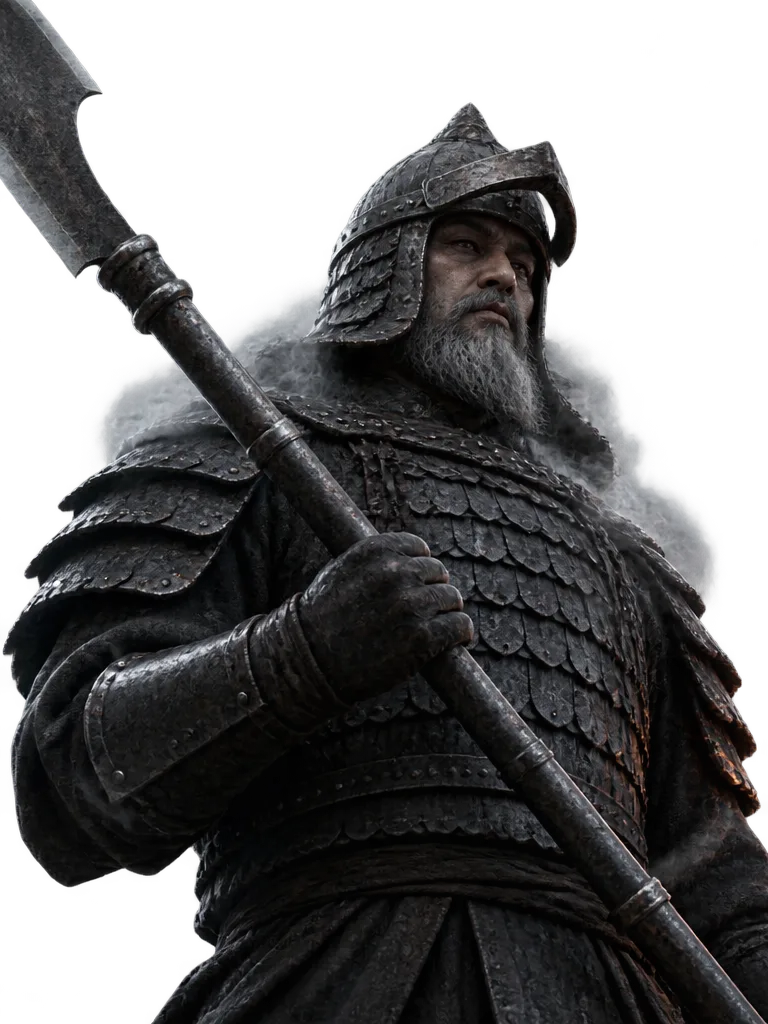 Jenderal Mahasura dalam zirah sisik besi dan helm berasap, memegang tombak lebar bertangkai besi menyilang tubuhnya.