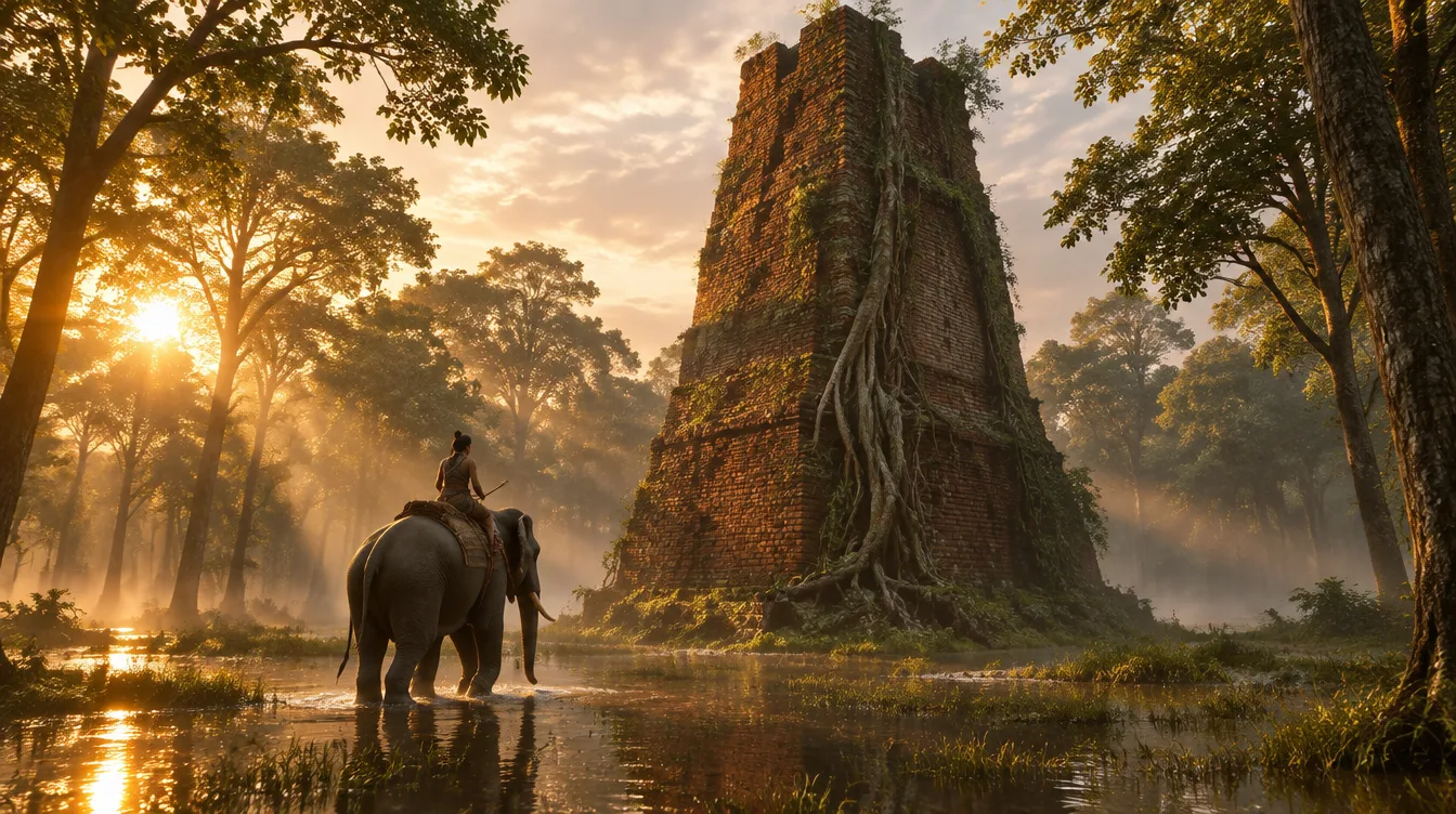 Menara bata merah polos yang ditumbuhi akar ara di tengah hutan jati yang tergenang; Kaew dan Phlai Thong lewat kecil di kakinya.
